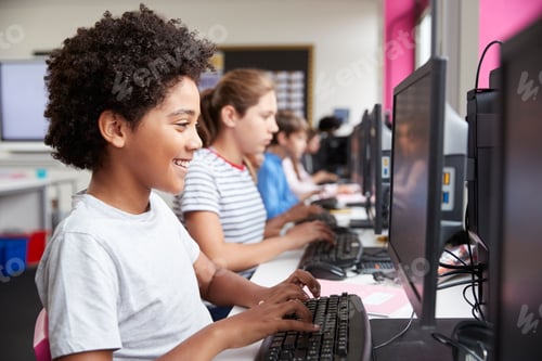 Preview: Line Of High School Students Working at Screens In Computer Class