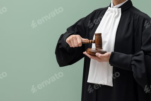 Preview: Judge with mallet and sound block on light green background, closeup. Space for text