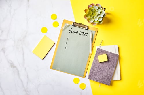 Preview: Desktop with clipboard mockup and office supplies. Home office, planning goal setting concept