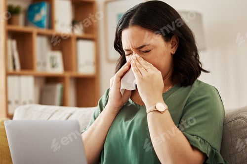 Preview: Remote work, laptop and sick woman on a sofa with flu, cold or viral infection in her house. Freela