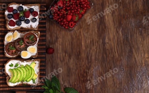 Preview: assorted sandwiches with different fillings for breakfast