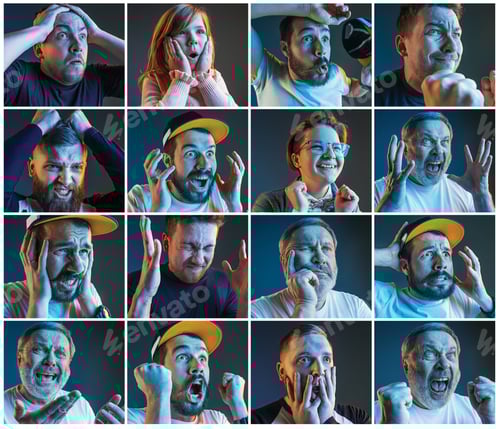 Preview: Collage about emotions of football fans watching soccer on tv