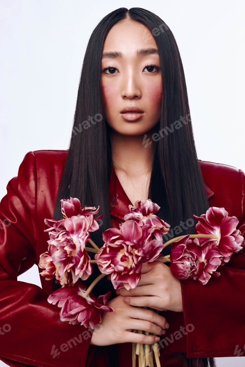 Preview: Beautiful woman with long black hair and red jacket holding a colorful bouquet of flowers outdoors