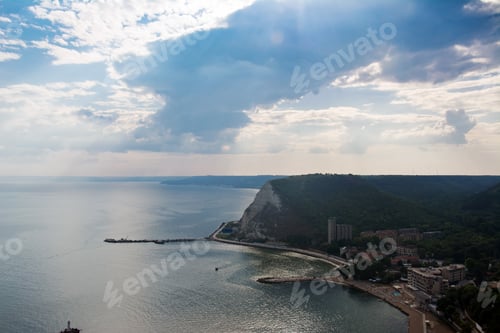 Preview: View of the pier. Sunset. Aerial view of the Black Sea coast in Kavarna, Bulgaria.