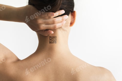 Preview: Person with QR code on neck. Future technology of chipization people for observation in coronavirus