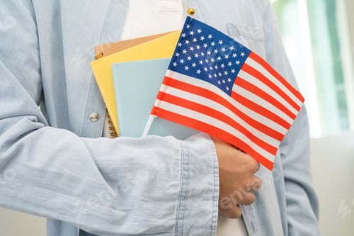 Preview: Learn English language, Asian teenage student hold book with flag in course at school.