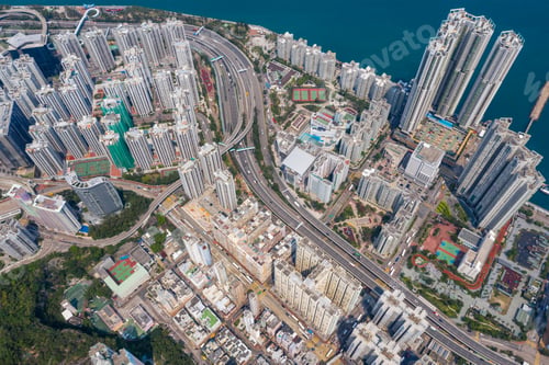 Preview: Shau Kei Wan, Hong Kong, 19 March 2019: Aerial view of Hong Kong downtown city