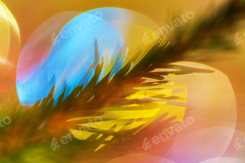 Preview: Xmas ornament decorations, defocused abstract blurred bokeh. Silhouette of pine branch with needles
