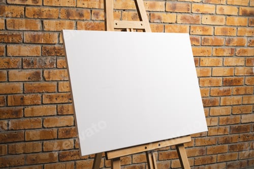 Preview: White canvas on wooden easel and copy space on brick wall background