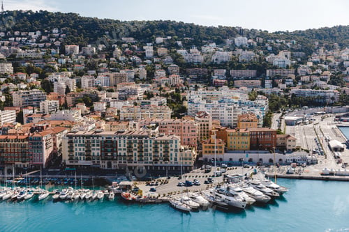 Preview: NICE, FRANCE - 17 SEPTEMBER 2017: aerial view of european city located on seashore