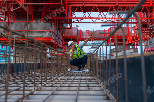 Preview: architect engineer designing a structure holding tablet, walkie talkie, drawing