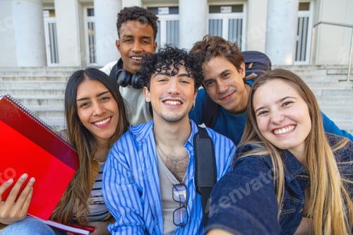Preview: Diverse students group posing for university campus selfie