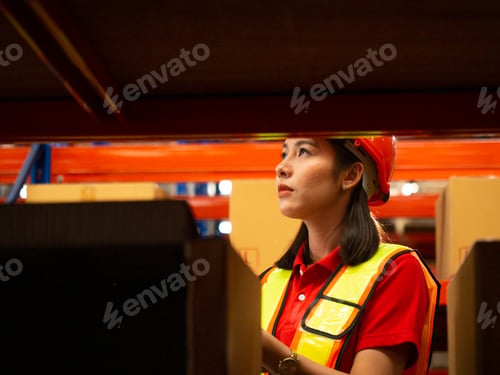 Preview: Female person orange red hardhat color helmet safety uniform factory industry warehouse shipping box