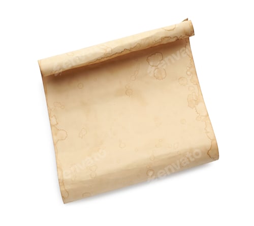Preview: Sheet of old parchment paper isolated on white, top view. Space for design