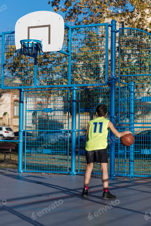 Preview: Boy dribbling basketball on outdoor court with blue fence.