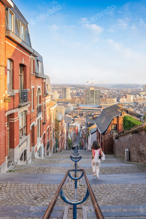 Preview: Scenic view of a female walking down the Montagne de Bueren stairway in Liege, Belgium
