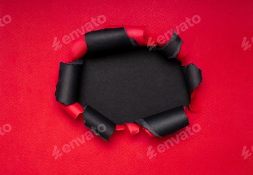 Preview: Black round opening in red torn paper, promotion background with copy space