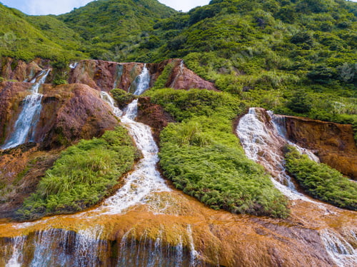Preview: Aerial view of Golden waterfall. Nature landscape of Jinguashi in Ruifang, Taiwan for travel trip