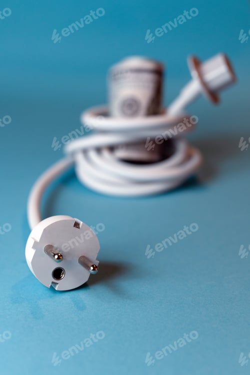 Preview: Electric plug and dollar bills on blue background.