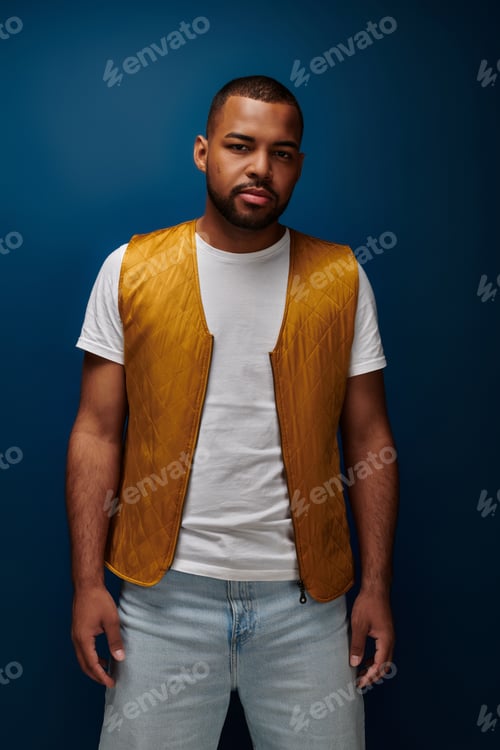 Preview: handsome bearded man standing still looking at camera on dark blue background, fashion concept