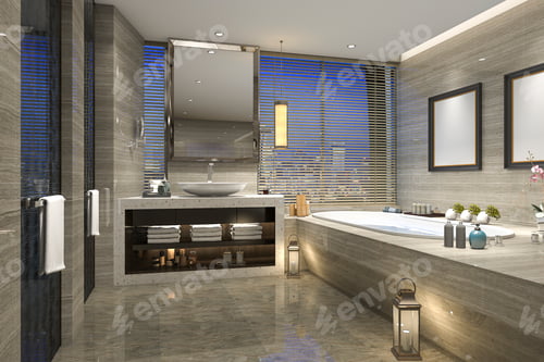 Preview: 3d rendering night view bathroom with modern luxury design