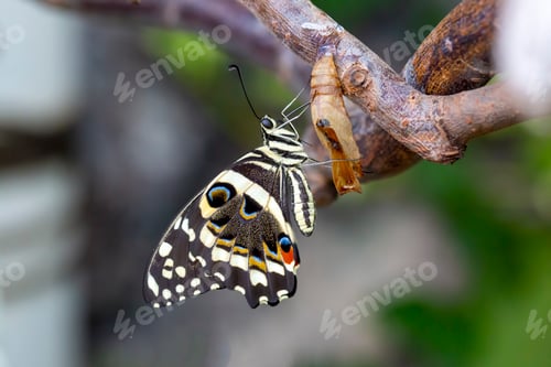 Preview: In the tropical butterfly garden of Konya; A butterfly stands next to its cocoon.