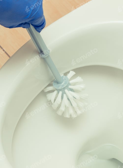 Preview: Hand of cleaner using brush for cleaning toilet. Household duties