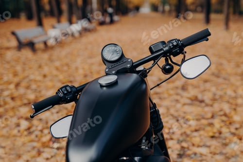 Preview: Black motorcycle with speedometer, handlebar stands in autumn park
