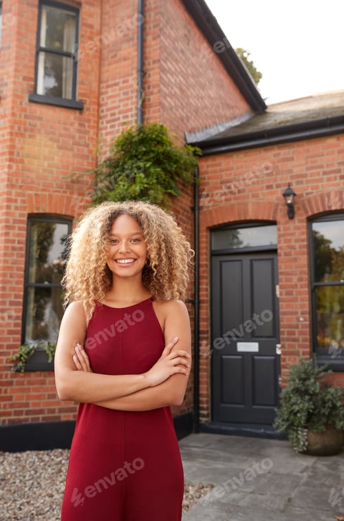 Preview: Portrait Of Excited Young Woman Standing Outside New Home