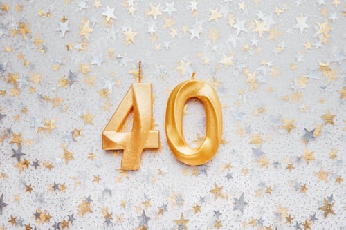 Preview: Number 40 fourty golden celebration birthday candle on Festive Background.