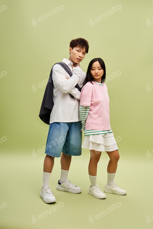 Preview: Stylish couple showcasing modern fashion trends in a vibrant setting of love and romance