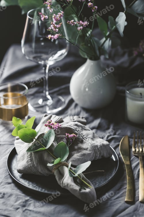 Preview: Festive table setting with floral decor. The concept of Thanksgiving or wedding dinner.