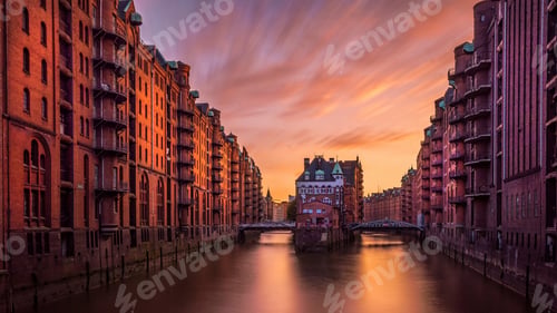 Preview: Breathtaking scenery of a river in the middle of a city under the warm sky