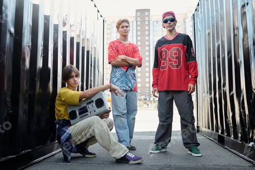 Preview: Group Posing with Boom Box in Urban Alley Setting