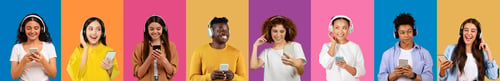 Preview: Joyful young people wearing headphones and engaging with smartphones