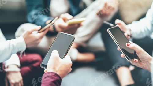 Preview: Friends group having addicted fun using mobile smart phone