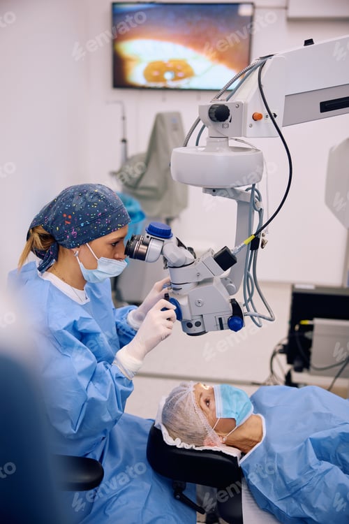 Preview: Ophthalmologist looking through microscope during eye surgery of mature patient at the clinic.