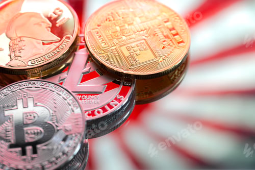 Preview: Coins litecoin and Bitcoin, against the backdrop of Japan and the Japanese flag.