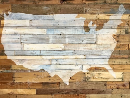 Preview: Beautiful wall of a whitewashed silhouette of the country, USA with wood panels.