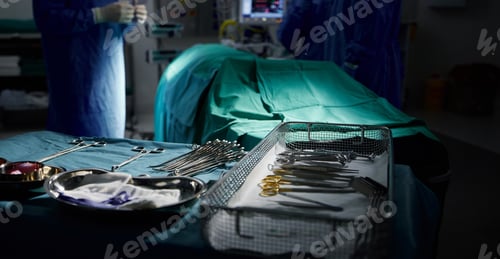 Preview: Healthcare, medical and tools for surgery in the theater of a dark hospital for an operation or pro