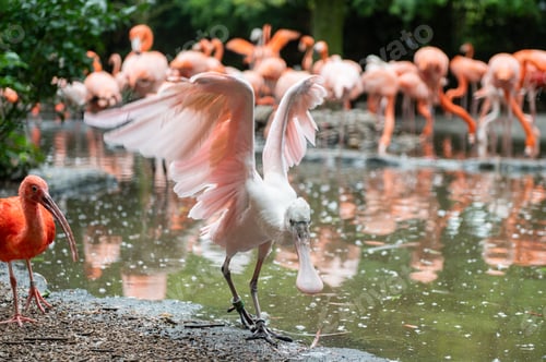 Preview: Flamingo Spreading Wings by Water