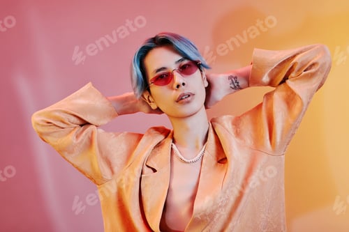Preview: Young stylish guy in sunglasses with blue hair