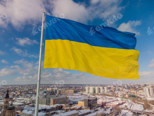 Preview: Ukrainian flag in the wind. Blue Yellow flag in the city of Kharkov