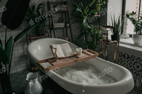 Preview: Luxury interior of eco style modern bathroom with oval bathtub and book on bamboo wood tray