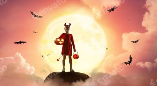 Preview: girl in devil costume at Halloween