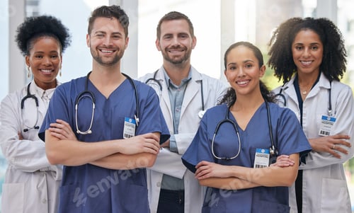 Preview: Portrait, nurses and doctors at hospital proud, empowered and excited about medical collaboration.
