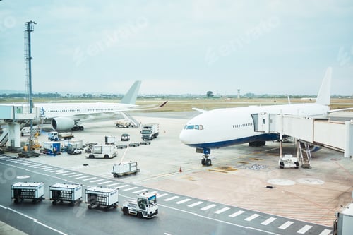 Preview: Airplane at airport, stationary transport on tarmac and runway for international passenger travel o