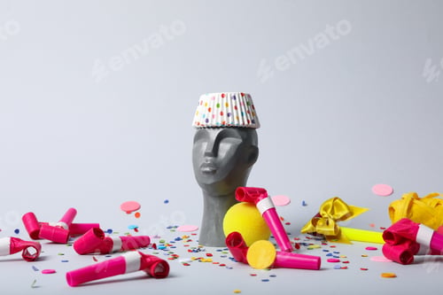 Preview: Happy birthday concept with ancient head on white background