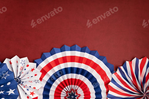 Preview: 4th of July holiday banner design. USA theme paper fans. Independence, Memorial Day pinwheels