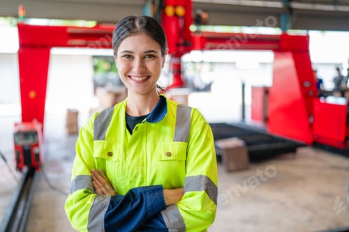 Preview: Portrait of female automation engineer standing in modern industrial factory.